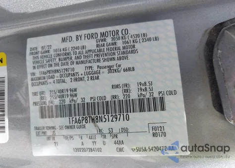 2022 Ford Mustang Ecoboost Fastback из США, поврежденный, VIN 1FA6P8TH8N5129710